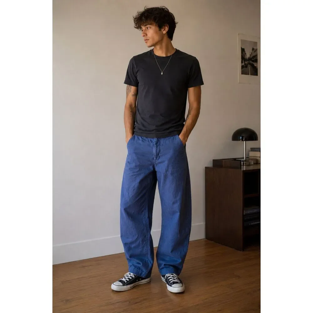 Vintage J. CREW Blue Oarsman Wide Leg Barrel Pants Trousers Mens Size 29